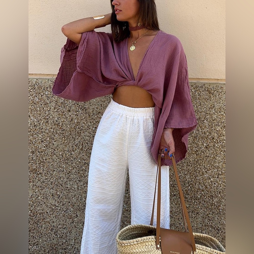 Commense - Mauve Kimono Cropped Sleeve Top